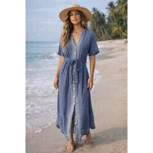 Beachgold Bali Blue Button Front Belted Cover Up Midi Dress Cotton Small